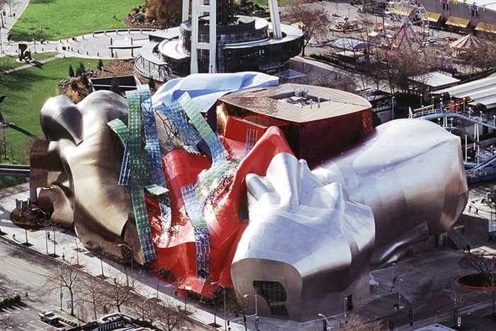The colorful, warped metallic structure of the Museum of Pop Culture building in Seattle.
