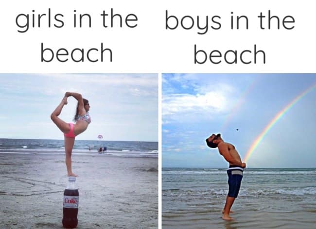 A funny gender-comparison vacation meme titled "girls in the beach" versus "boys in the beach," contrasting a forced-perspective shot of a woman balancing on a Diet Coke bottle against a man making a rainbow appear to shoot from his swim trunks.