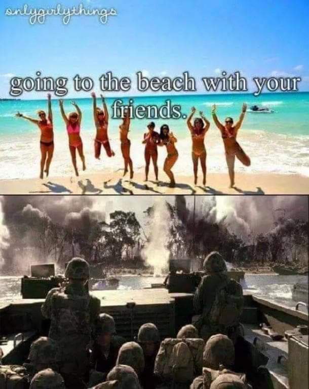 A dark-humor two-panel beach meme contrasting a cheerful top photo of friends jumping on a sunny shore against a chaotic bottom scene of combat soldiers storming a beach under heavy artillery fire.