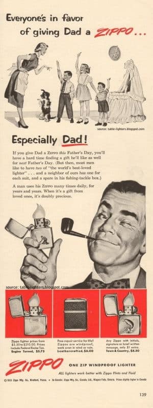 A 1950s Father’s Day vintage cigarette ad for Zippo lighters, showing a family and a dog cheering for Dad as he winks at the camera while lighting a pipe.