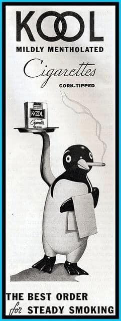 A surreal vintage cigarette ad for KOOL Menthols featuring their cartoon penguin mascot dressed as a waiter, holding a tray with a pack of cigarettes while smoking one himself.