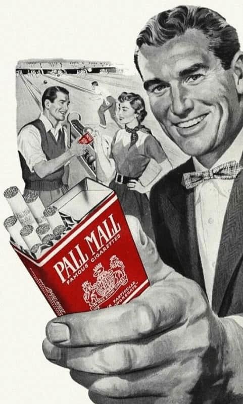 vintage cigarette ad for Pall Mall showing a man in a tuxedo handing the reader a pack of cigarettes, with a background illustration of a glamorous couple at a bowling alley.