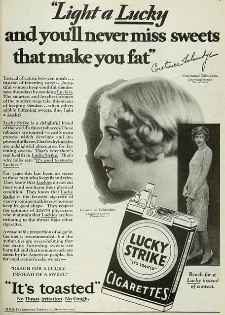 A 1920s vintage cigarette ad for Lucky Strike featuring actress Constance Talmadge, with copy aggressively marketing cigarettes as a weight-loss tool to avoid "sweets that make you fat."
