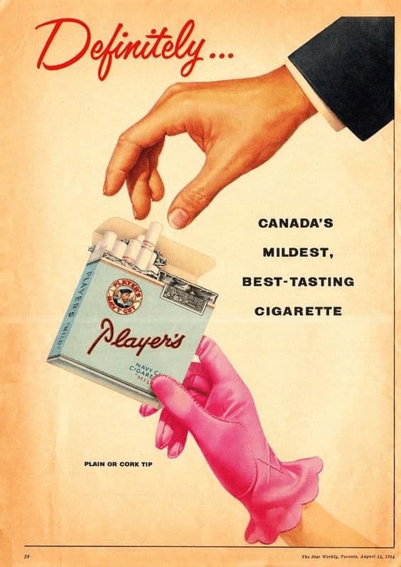 A minimalist vintage cigarette ad for Player’s Navy Cut showing two hands—one in a formal dark suit and one in a bright pink ruffled glove—reaching for a pack of cigarettes.
