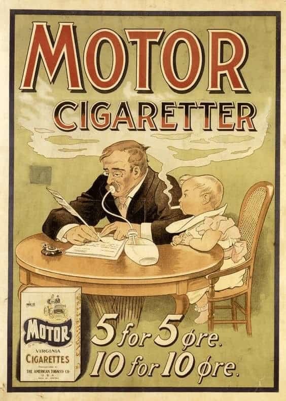 A surreal and shocking vintage cigarette ad for Motor Cigaretter showing a man at a table writing with a quill while smoking from a strange bulb-like device, while a small toddler sitting in a high chair next to him also smokes a lit cigarette.