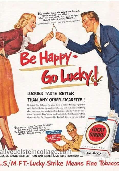 A colorful vintage cigarette ad for Lucky Strike showing a man in a blue suit and a woman in a red sweater breaking a wishbone. The ad features the famous slogan "Be Happy—Go Lucky!" and includes a smaller image of a soldier holding U.S. Defense Bonds.