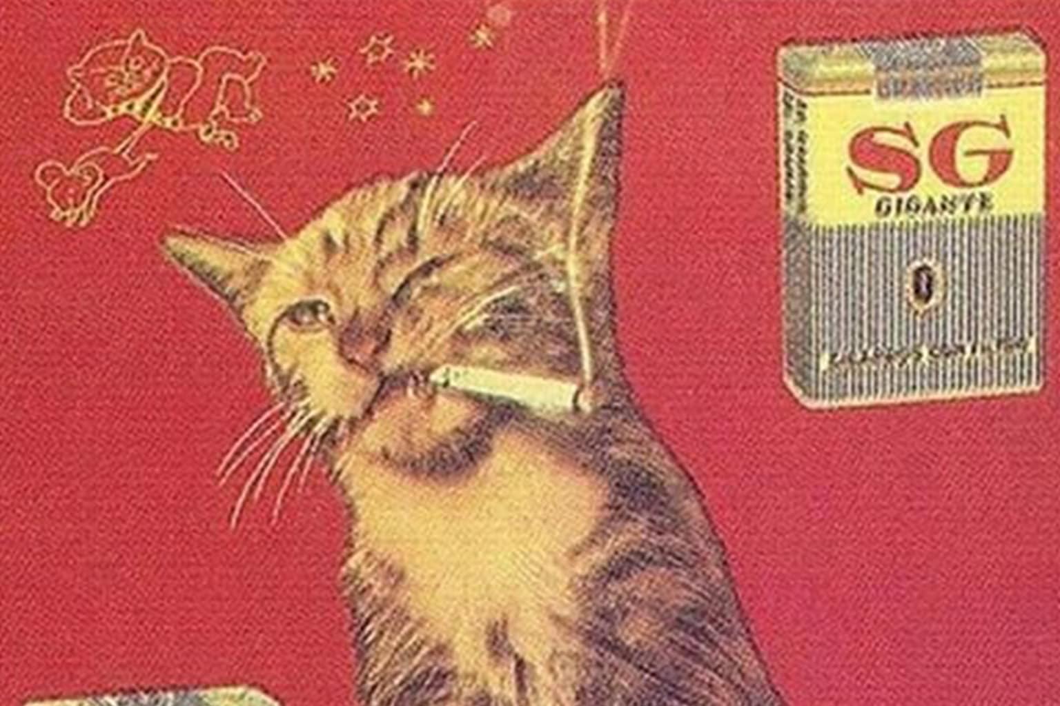 A comprehensive vintage cigarette ads gallery capturing a century of tobacco marketing, featuring a smoking Santa Claus, the infamous Marlboro "smoking baby," and a surreal illustration of a toddler and father sharing a cigarette break.