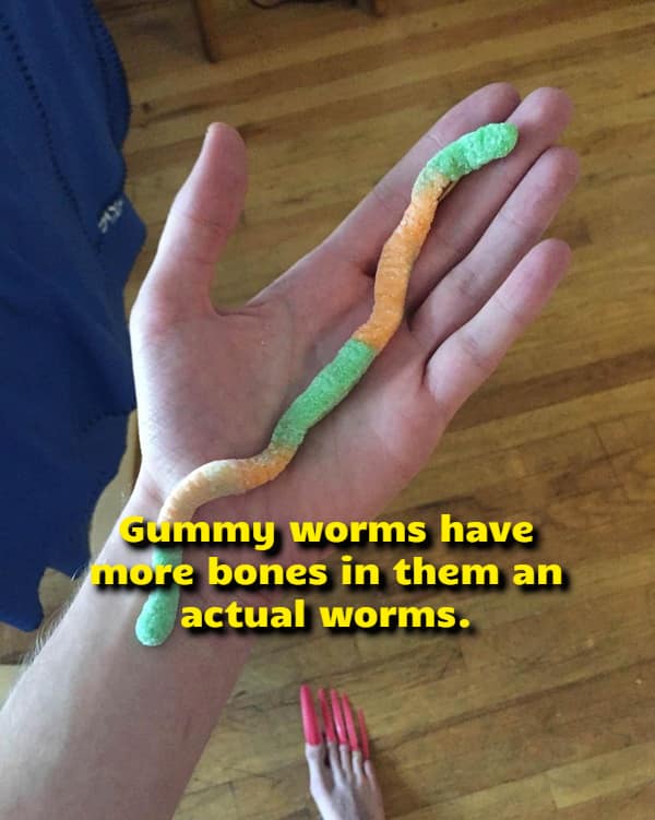 A long, neon green and orange sour gummy worm stretched out across a human hand illustrates a visual funny shower thought about gelatin content while a foot with long pink acrylic toenails creeps into the bottom of the frame.