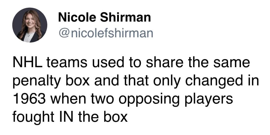 A sports-themed weird historical fact tweet by Nicole Shirman stating that NHL teams shared a single penalty box until 1963, a policy changed only after two rival players got into a fistfight inside the box together.