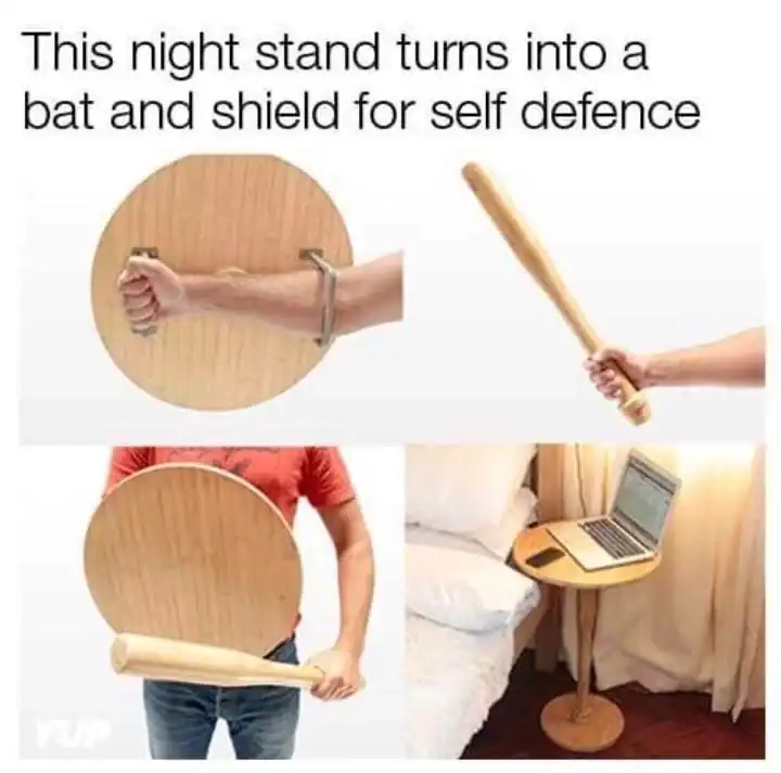 weird product showcasing a wooden nightstand designed for medieval home defense; the tabletop detaches into a shield while the center leg becomes a solid wooden club.