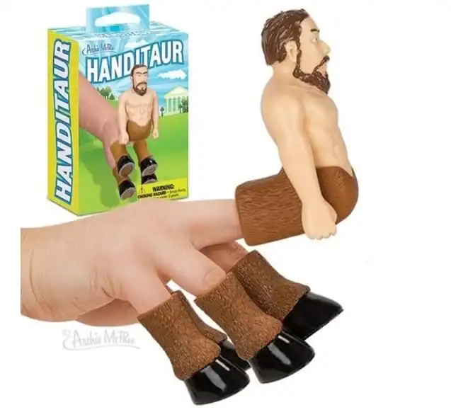 A bizarre weird product called the "Handitaur," showing a plastic finger puppet set with a bearded human torso for the middle finger and four horse hooves for the remaining fingers, turning a human hand into a centaur.