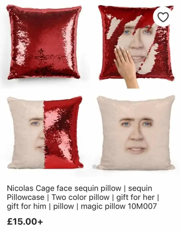 A collage of a "magic" sequin pillowcase that appears as a solid red cushion until the sequins are swiped to reveal a high-definition photo of Nicolas Cage's face.