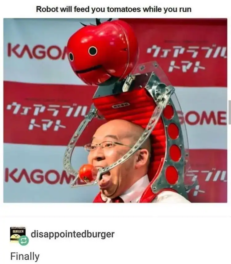 A legendary weird product from Japan: a wearable robot backpack shaped like a giant tomato that mechanically feeds cherry tomatoes to a runner during a marathon.