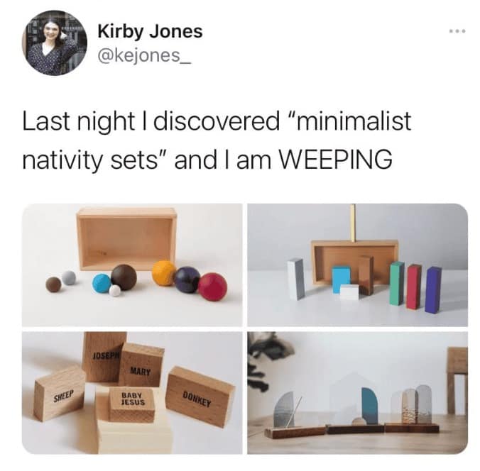 A tweet highlighting a series of weird products marketed as "minimalist nativity sets," including one that is just a pile of wooden blocks with names like "Sheep" and "Joseph" printed on them.