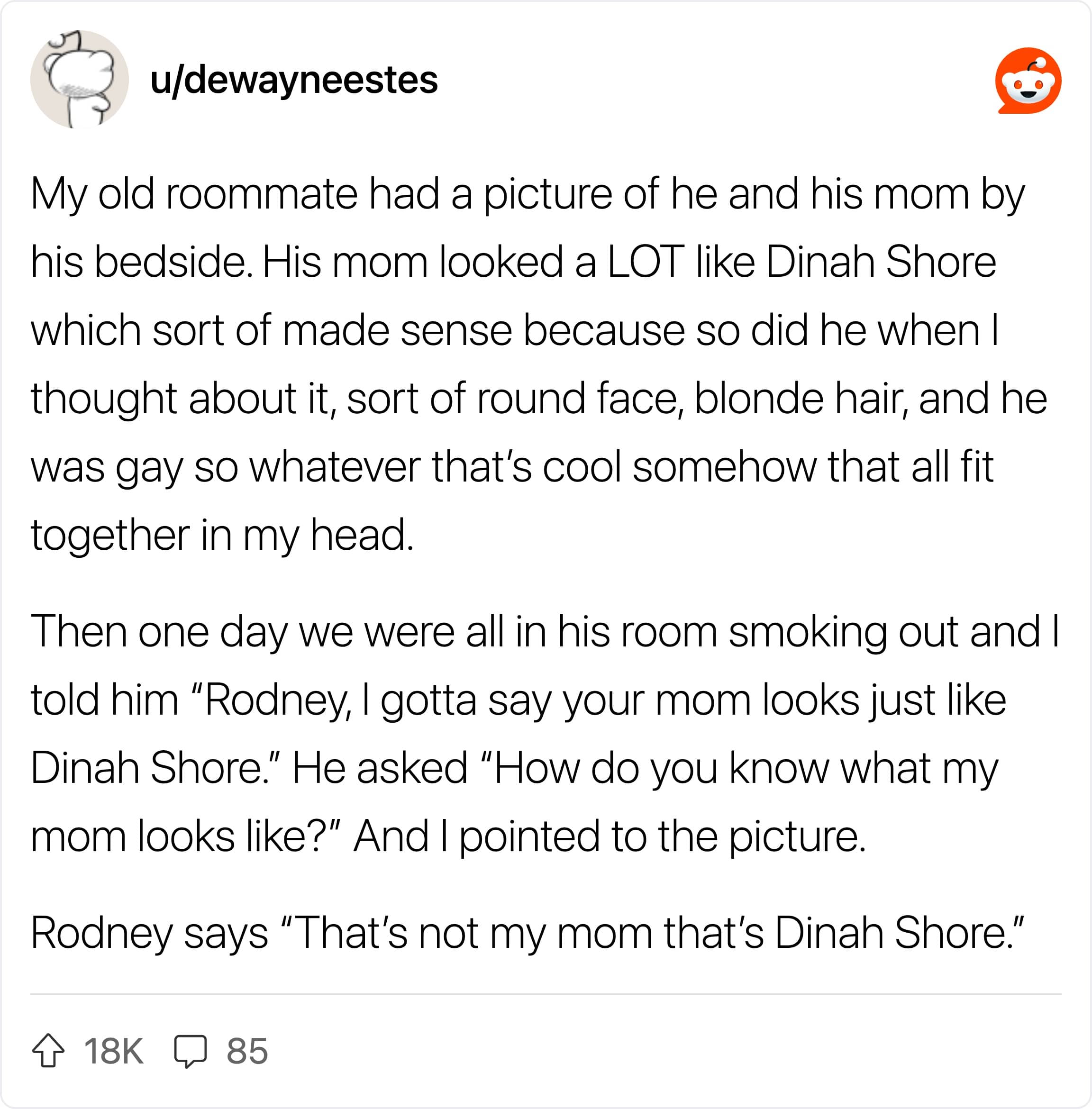 Reddit post by dewayneestes about a roommate named Rodney who kept a bedside picture of celebrity Dinah Shore.