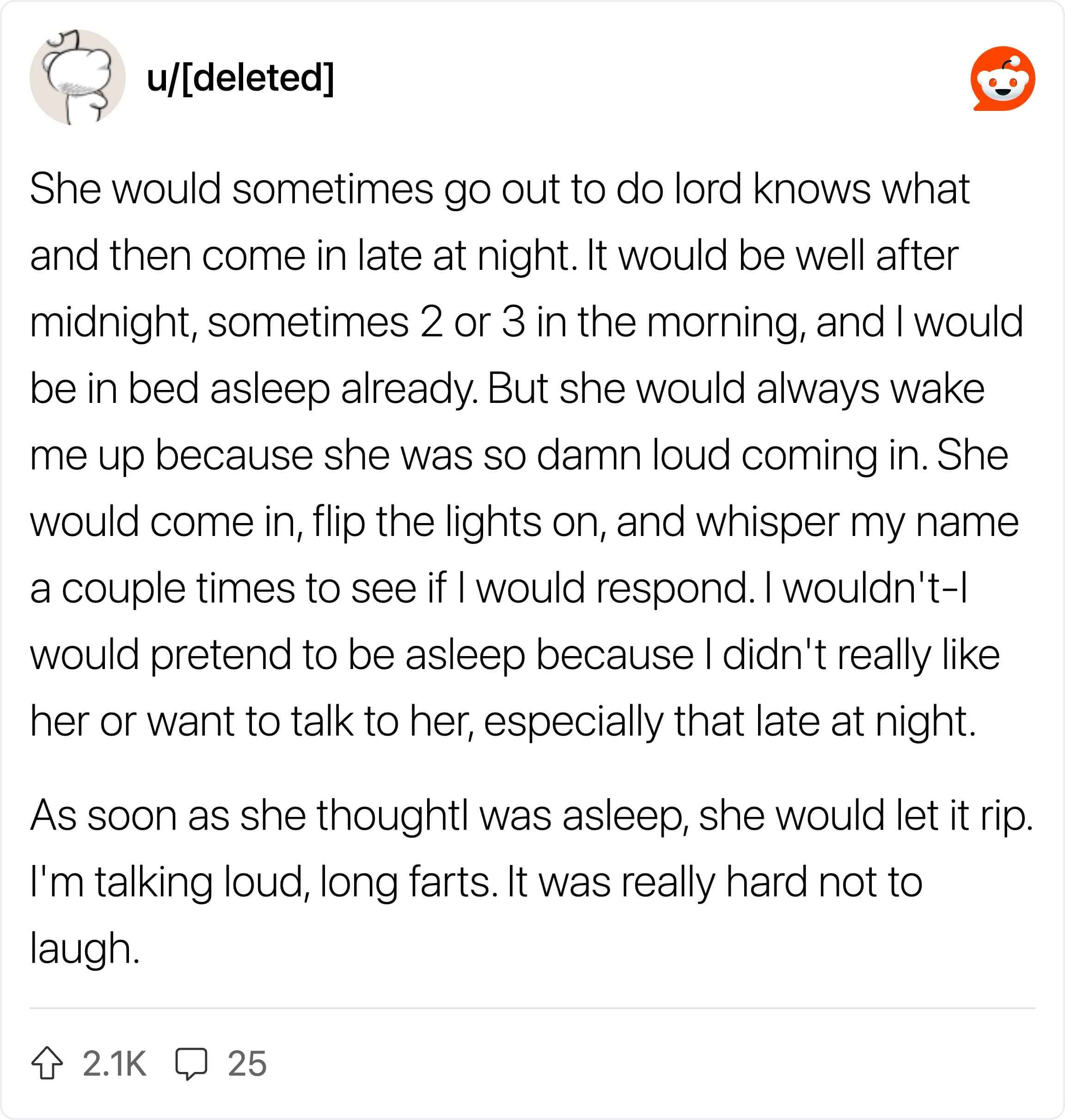 Reddit post detailing a roommate who tests if the narrator is asleep before letting out loud farts.