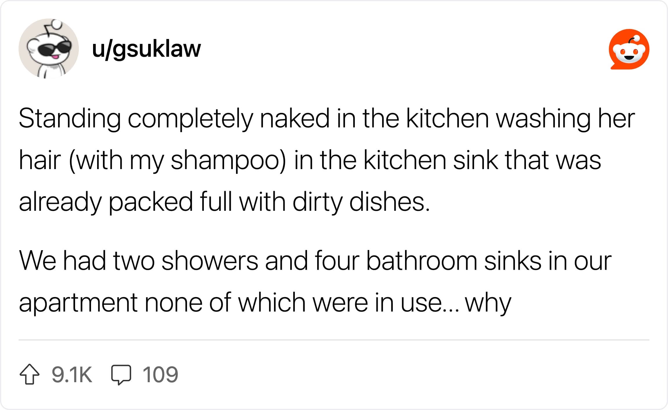 Reddit post by gsuklaw about a naked roommate washing her hair with stolen shampoo in a dirty kitchen sink.