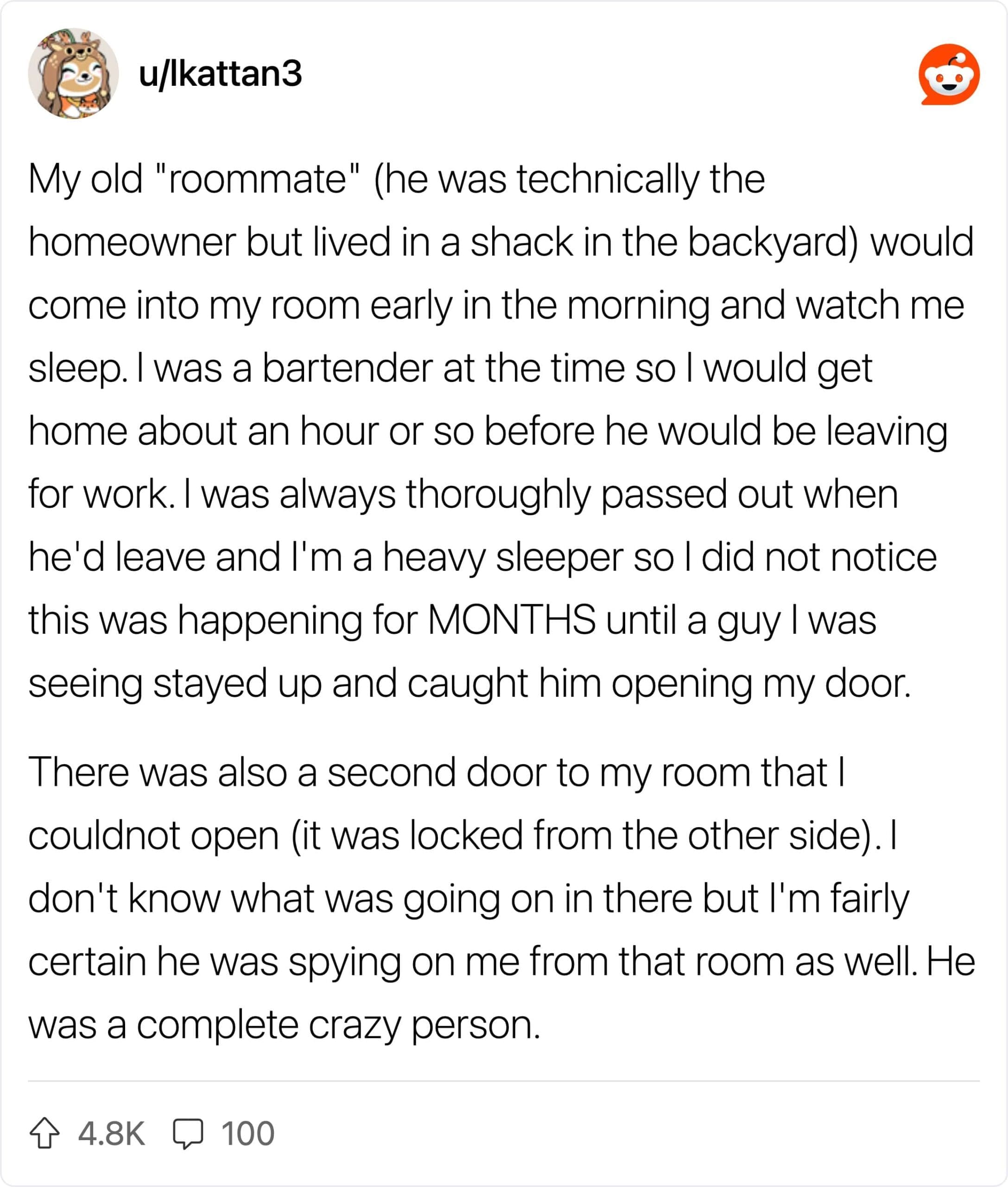 Reddit post by lkattan3 explaining how a creepy landlord roommate watched them sleep for months.