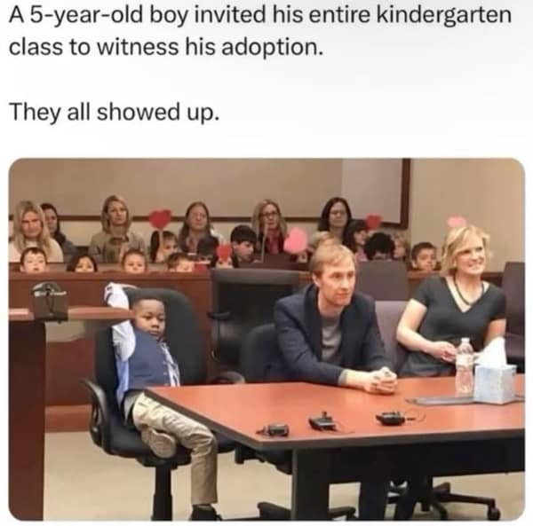 A heart-swelling wholesome meme showing 5-year-old Michael Clark Jr. sitting in a Michigan courtroom chair during his adoption hearing, with his entire kindergarten class sitting behind him in support, holding paper hearts.
