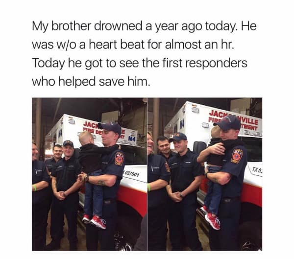 A powerful two-panel wholesome meme showing a young boy in red sneakers sharing a deep hug with a Jacksonville Fire Department first responder who saved his life after a near-drowning incident.
