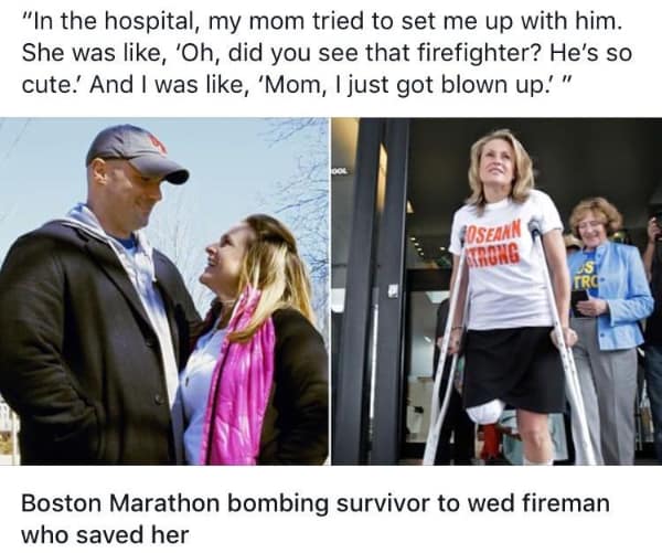 A celebratory wholesome meme collage telling the story of Boston Marathon bombing survivor Roseann Sdoia, who eventually married Mike Materia, the very firefighter who helped save her life on that day.