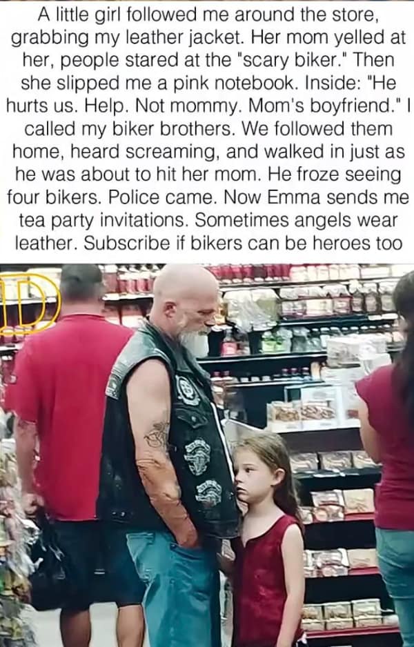 A viral wholesome meme narrative showing a little girl standing next to a "scary" biker in a grocery store; the text explains how she slipped him a note seeking help, and he led his biker brothers to save her from a dangerous home situation.