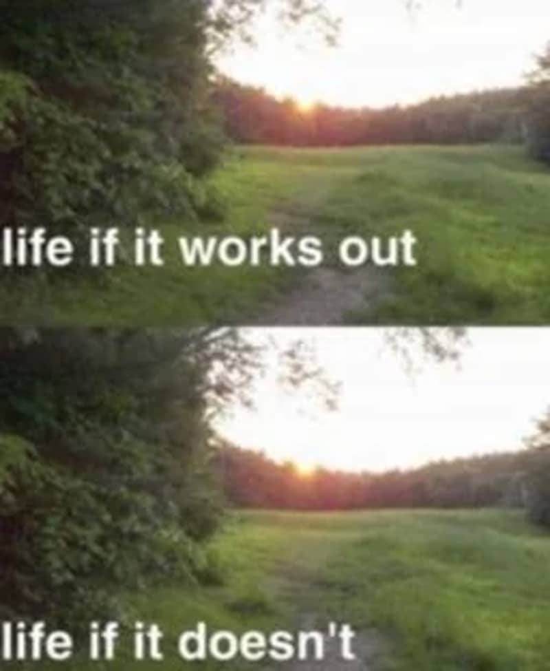 Two identical calm meadow landscape photos side-by-side illustrating life working out or not.