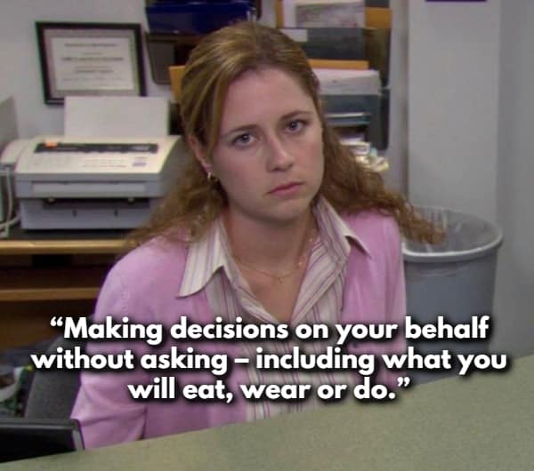 A skeptical Pam Beesly from The Office illustrates a point where women share red flags about partners who make decisions on your behalf without asking, including controlling what you eat, wear, or do.