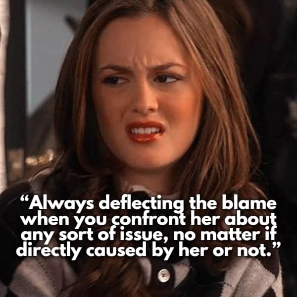 Blair Waldorf's peak cringe face anchors a women share red flags warning about the "blame deflector"—a partner who physically cannot take accountability even when the evidence is staring them in the face.