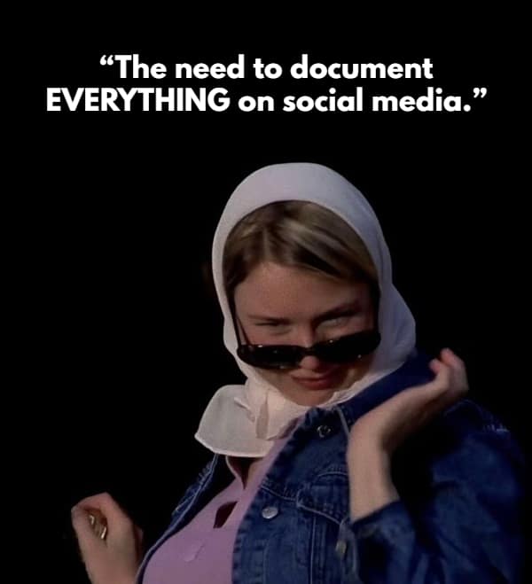 Bridget Jones looking sassy in a headscarf and sunglasses features in this list of red flags in men and women, specifically the toxic need to document every private moment on social media.