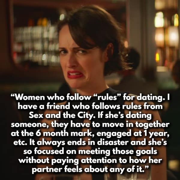 Fleabag looking repulsed illustrates a discussion on women sharing red flags, specifically targeting people who follow rigid "dating rules" from 90s sitcoms instead of paying attention to their partner's feelings.