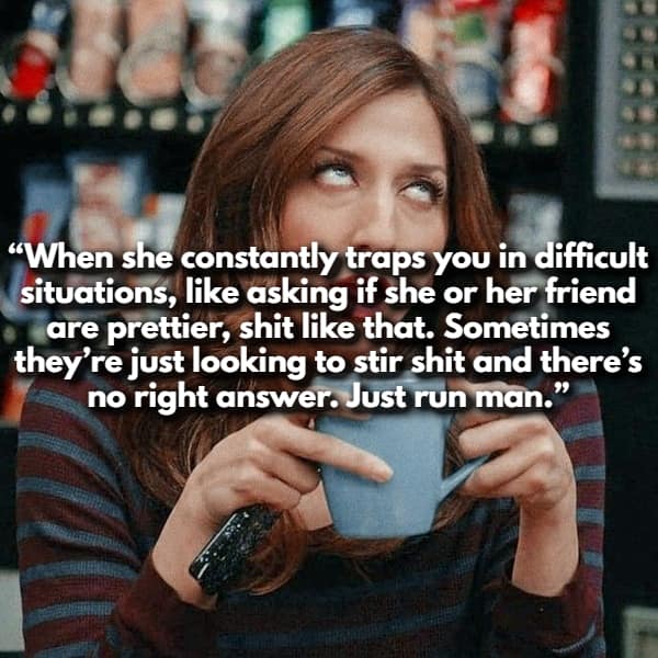 A confused Anna Faris from The House Bunny represents a post where women share red flags about partners who set conversational traps, such as asking if their friend is "prettier," just to stir up drama.