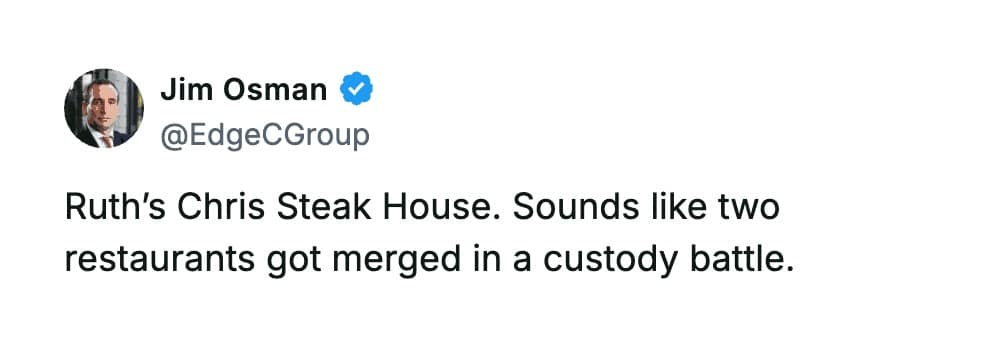 A tweet from Jim Osman calling out "Ruth's Chris Steak House" as one of the worst business names, noting it sounds like two separate restaurants merged in a bitter custody battle.