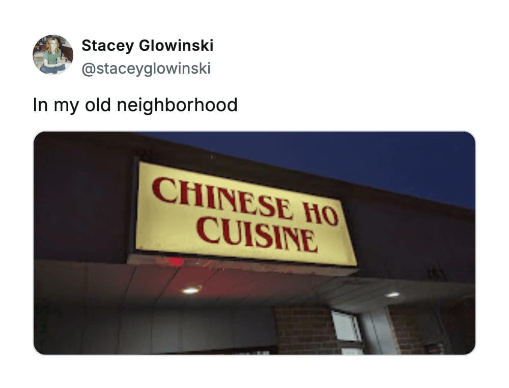 A glowing yellow sign for "CHINESE HO CUISINE," which ranks as one of the worst business names for accidentally including a derogatory term in a neighborhood restaurant's branding.
