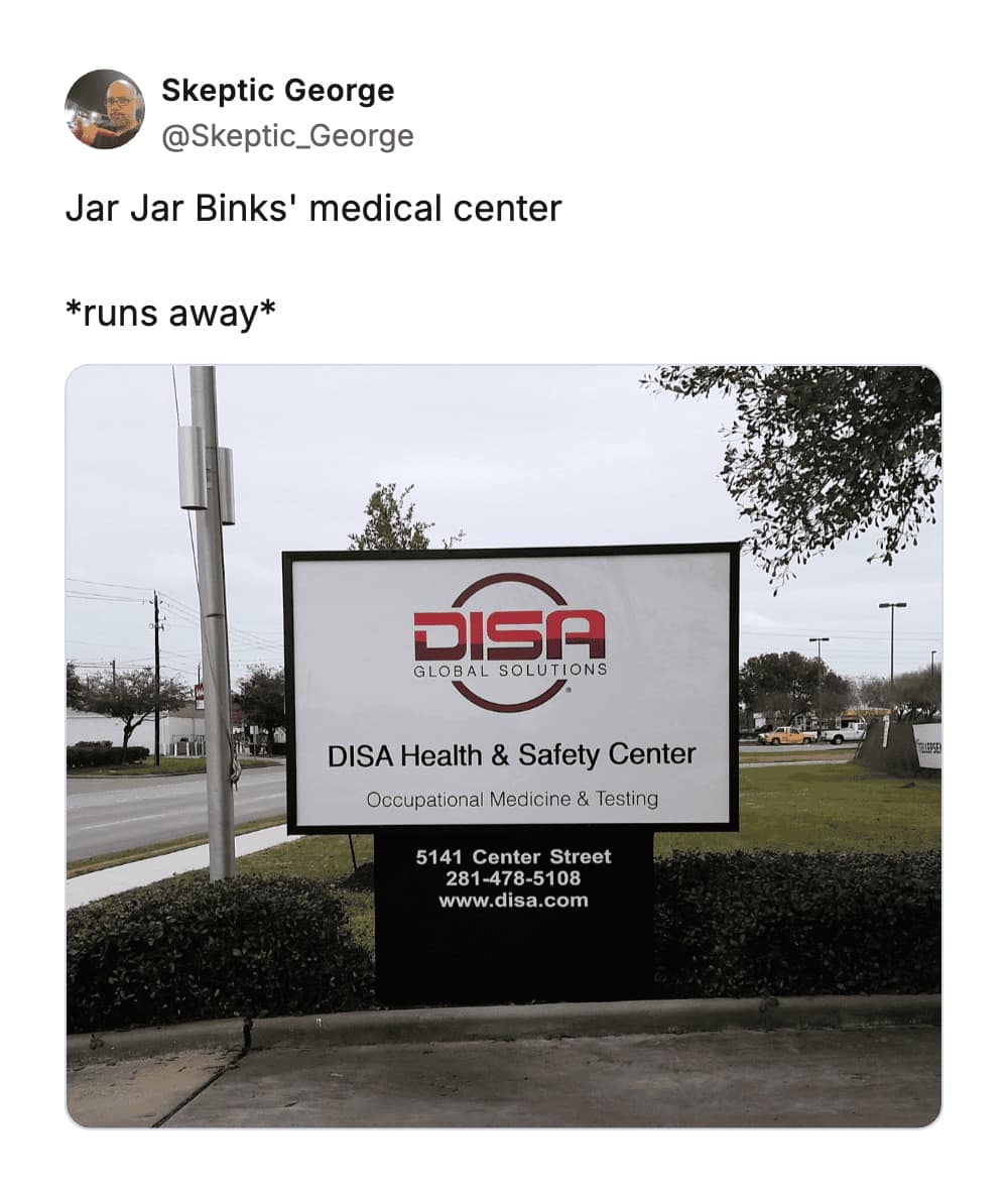 A sign for the "DISA Health & Safety Center," jokingly categorized as one of the worst business names because it sounds like Jar Jar Binks introducing a medical facility ("Dis-a health center").