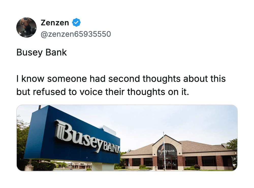 A corporate blue sign for "Busey Bank" in front of a brick branch office, earning a spot on the worst business names list for sharing a name with famously erratic actor Gary Busey.