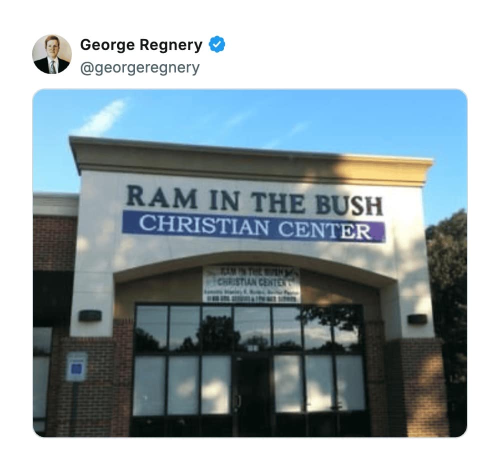 The storefront of the "RAM IN THE BUSH CHRISTIAN CENTER," featuring a religious business name that accidentally doubles as a very suggestive and awkward double entendre.