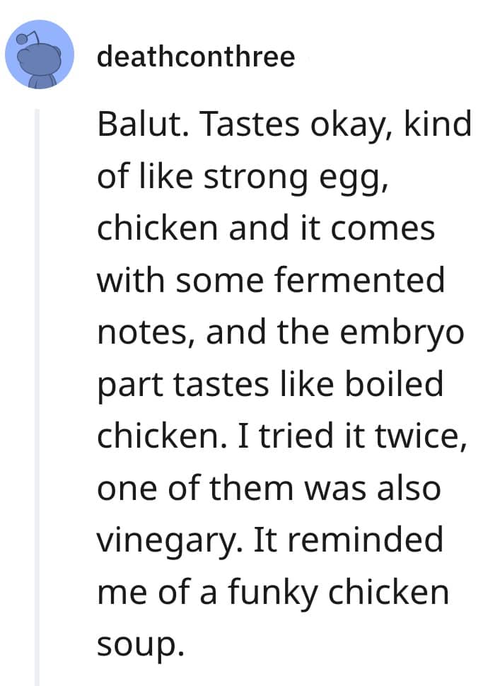Reddit comment detailing a user trying balut twice and describing the flavors.