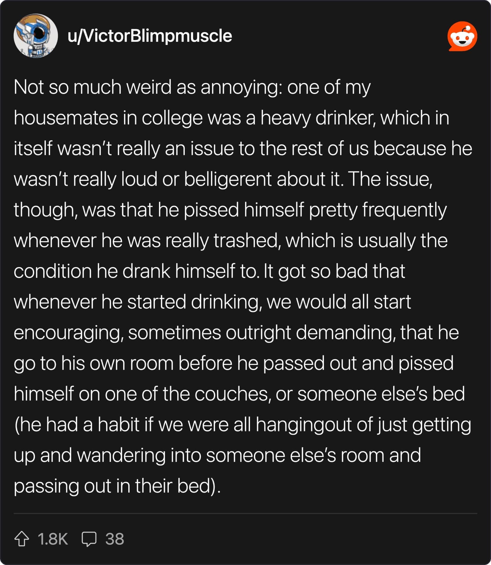 Reddit post detailing a college housemate who frequently drank until he passed out in others' beds.