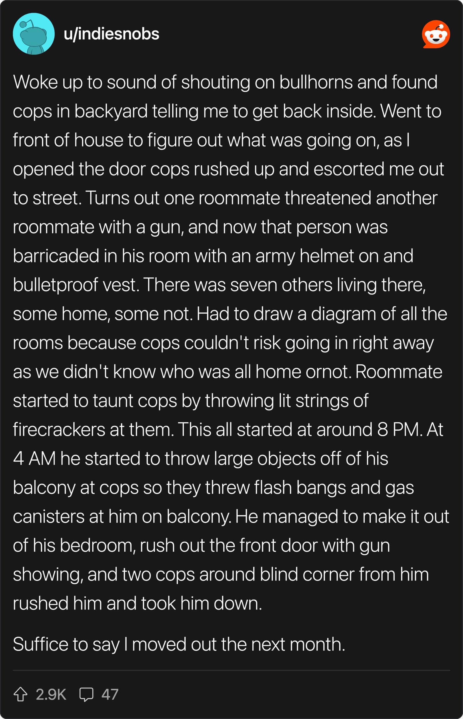 Long Reddit story about a roommate standoff involving police, bullhorns, and a barricaded room.