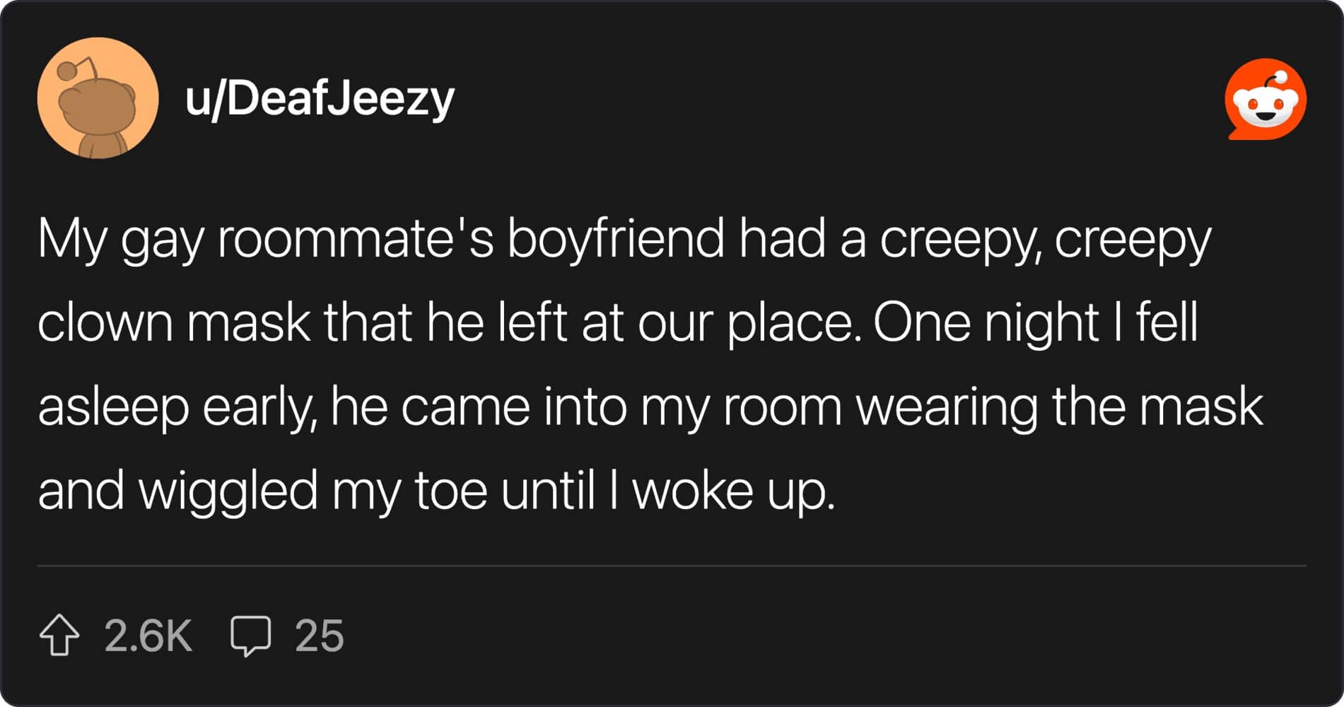 Reddit comment about a roommate's boyfriend wearing a clown mask and wiggling the narrator's toe.