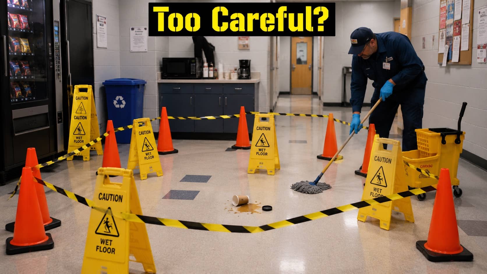 Janitor mops up tiny spilled coffee cup surrounded by excessive caution signs and hazard tape.