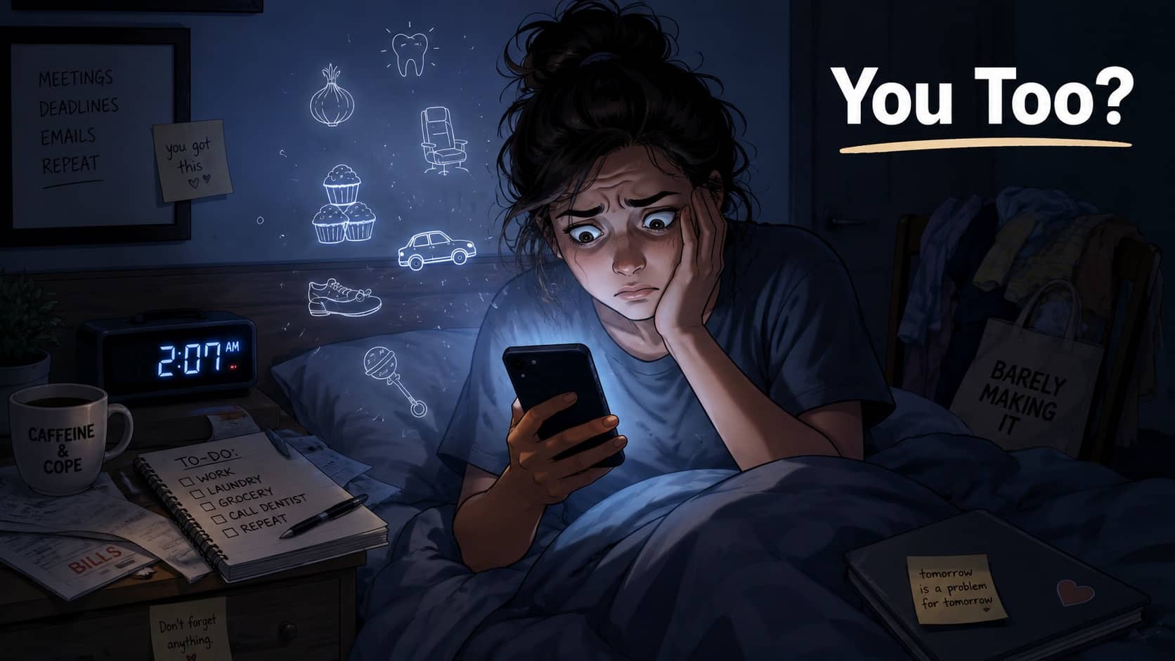 Anxious woman looking at smartphone in dark bedroom with relatable meirl memes thoughts glowing overhead.