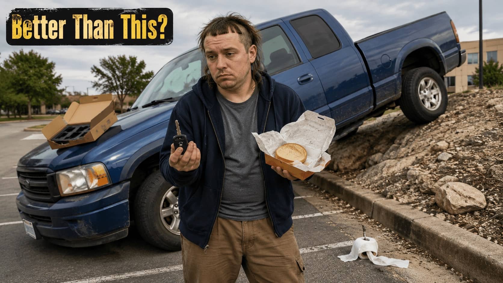 Disappointed man with a bad haircut holding car keys and an empty burger bun near a crashed truck.