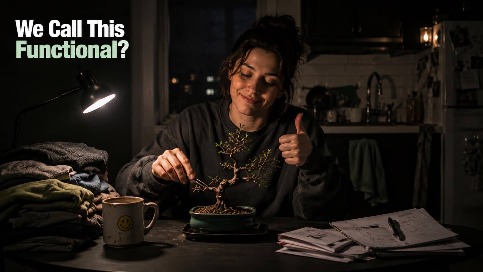 Smiling woman meticulously trims a bonsai tree at a messy desk under a desk lamp light.