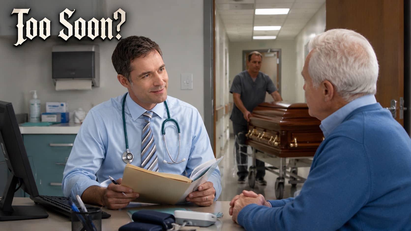 Smiling doctor in an office looking at an elderly man as a casket passes behind them.
