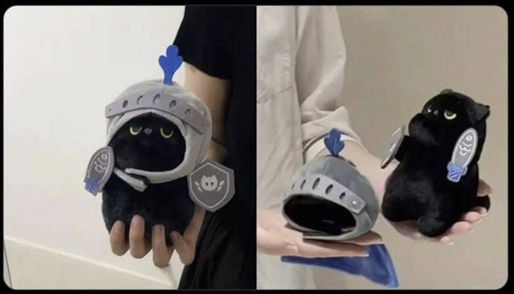Funny meme plush black cat knight wearing a removable grey helmet holding a toy sword.
