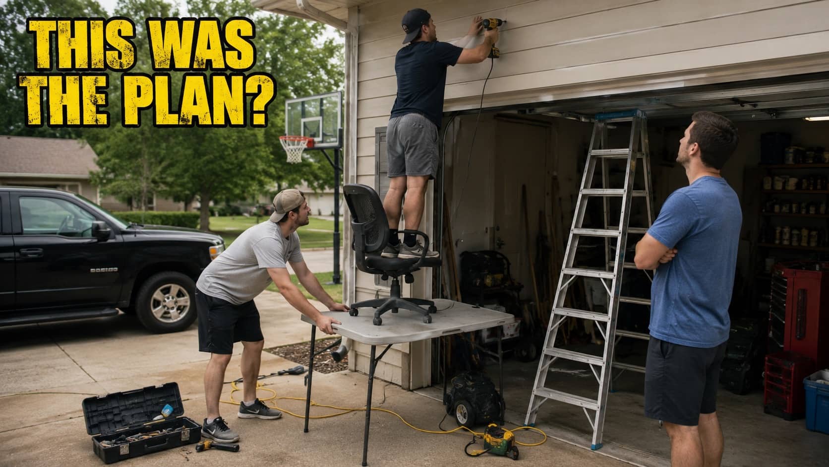 Man stands on rolling office chair atop plastic table to drill garage wall with friends watching.