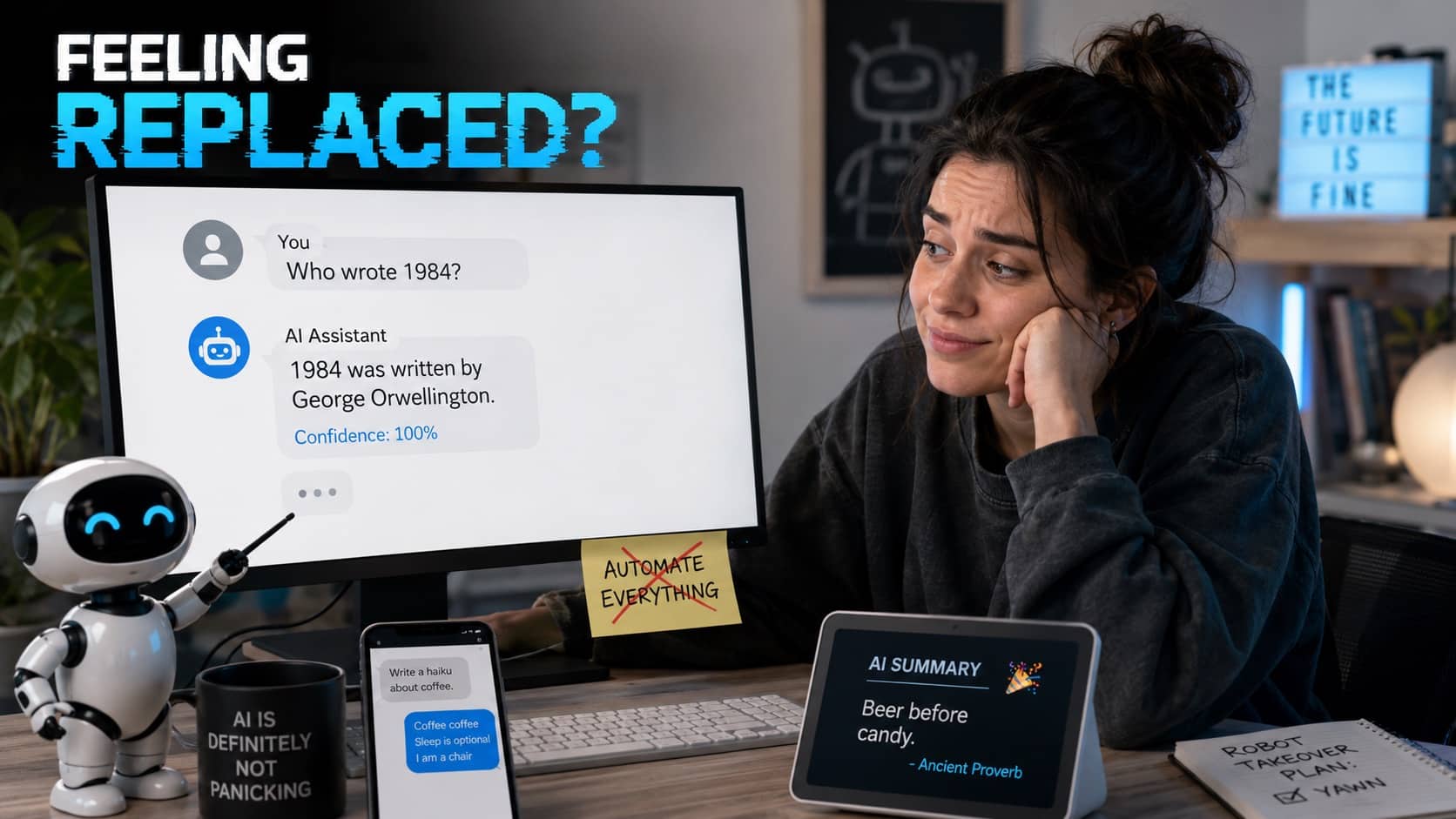 Woman looking skeptical at an AI assistant's incorrect response, highlighting funny AI memes.