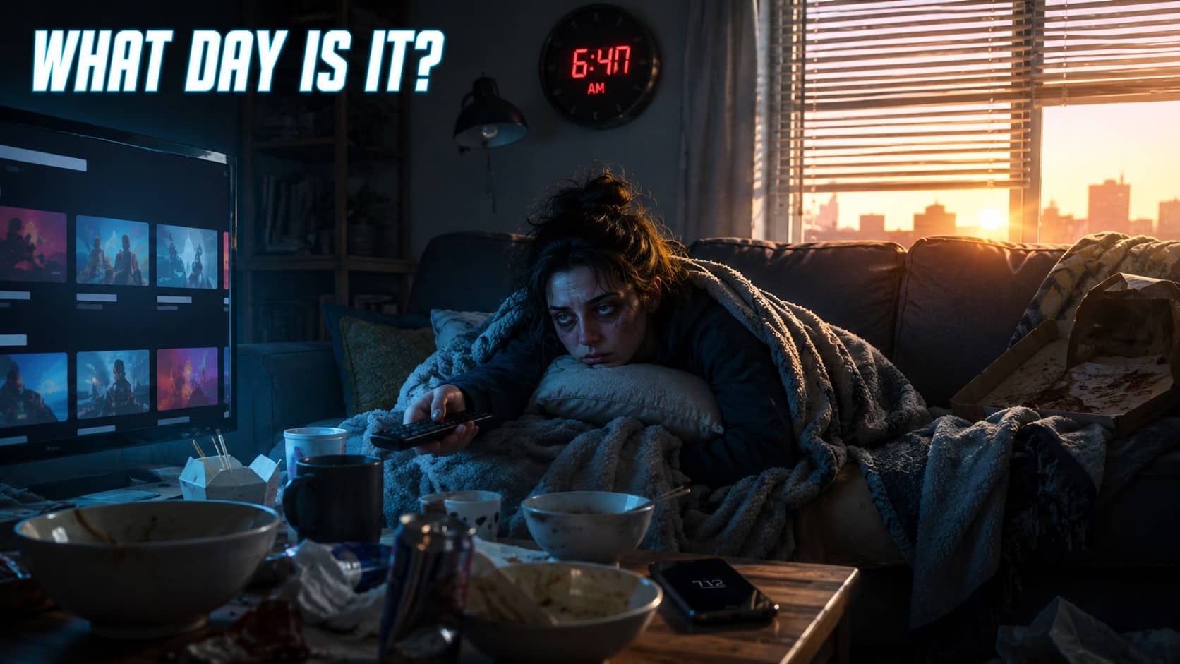 Exhausted woman blankets on couch watching TV at 6:40 AM surrounded by leftover food bowls.